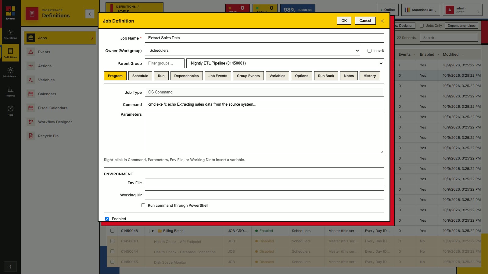 IDRuns job definition dialog: command, parameters, environment file and working directory