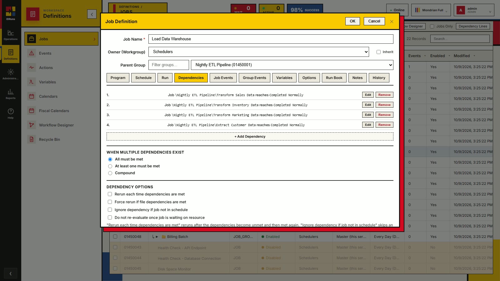 IDRuns dependencies tab: a job waiting on four upstream jobs to complete normally