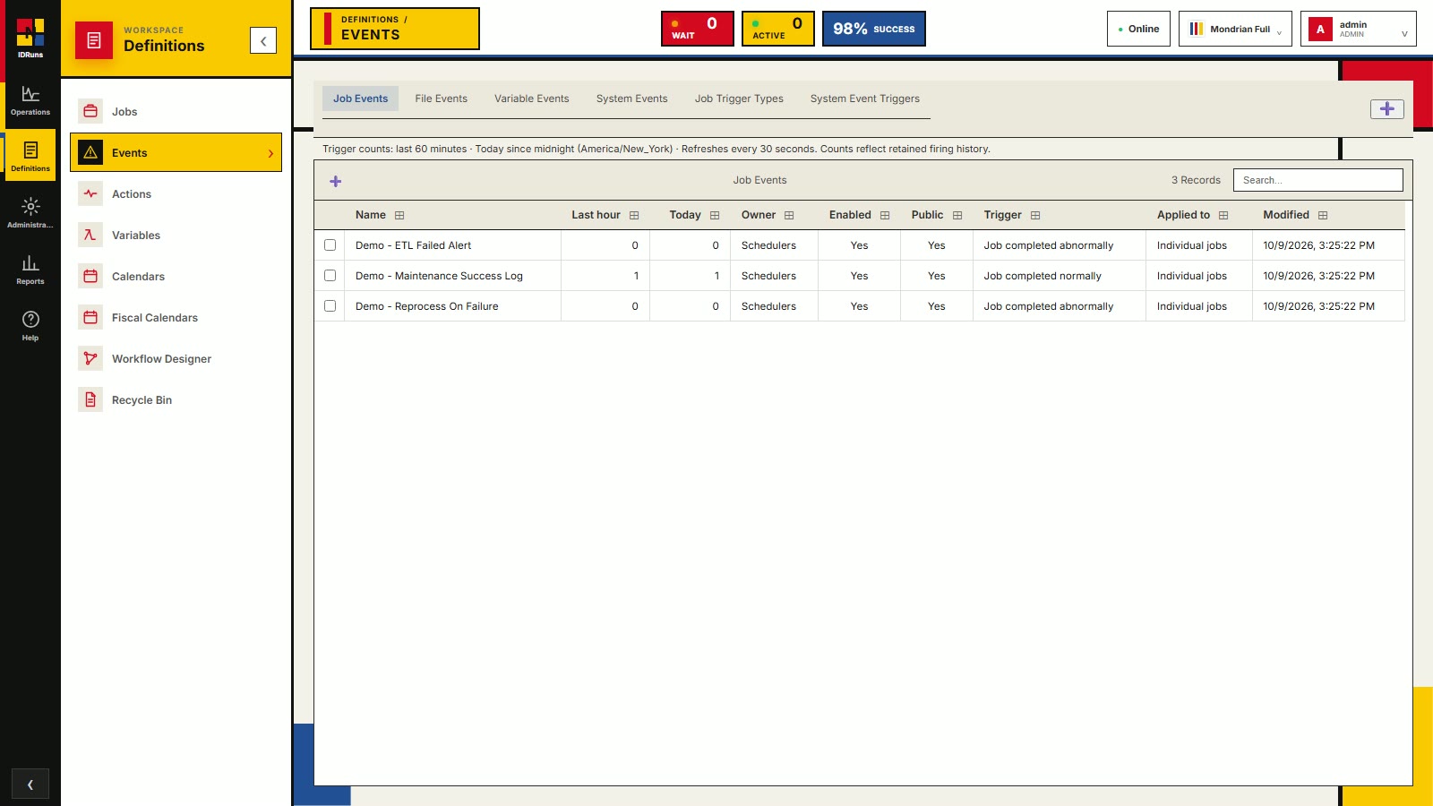 IDRuns events: job events that trigger when jobs complete normally or abnormally