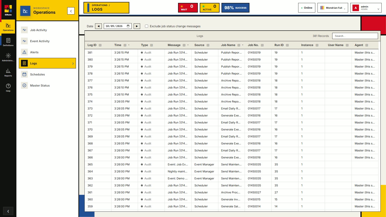 IDRuns logs: searchable audit trail of job state changes and events