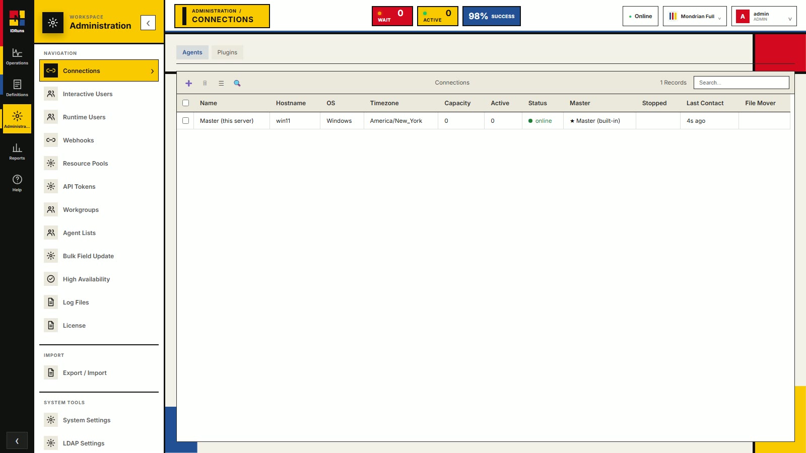 IDRuns connections: the agents list with hostname, operating system, capacity and status