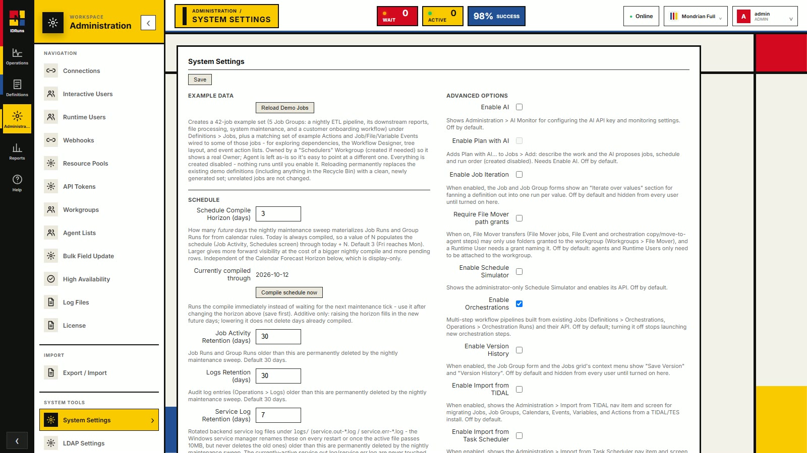 IDRuns system settings: advanced options including Enable Orchestrations
